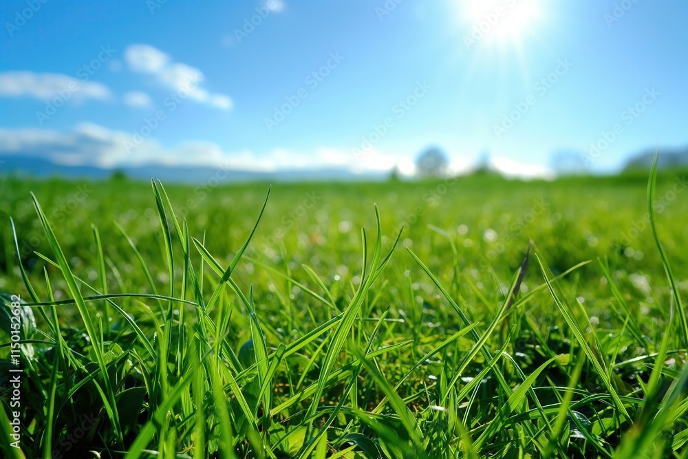Obraz premium Fresh green grass blades glistening dew bright blue sky vibrant sunny meadow