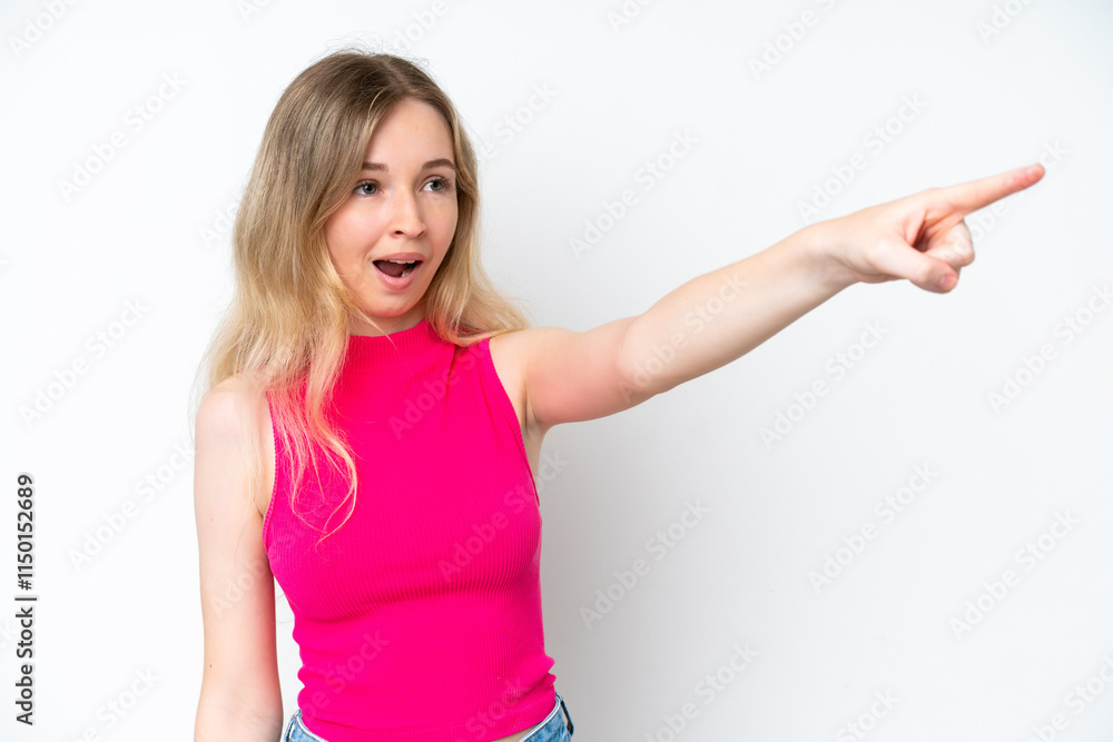 Blonde English young girl isolated on white background pointing away Blonde English young girl isolated on white background pointing away