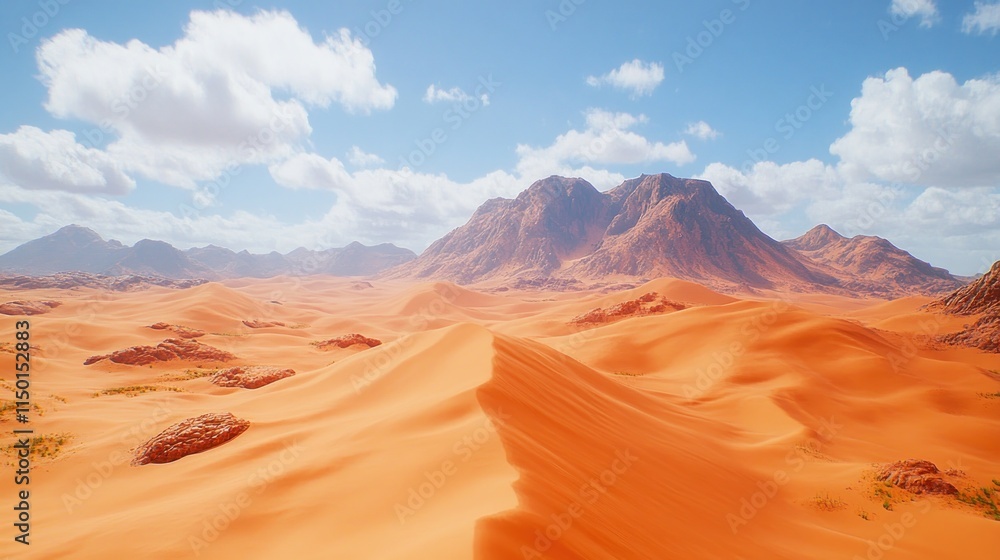 Naklejka premium Majestic desert landscape with towering mountains under a bright sky.