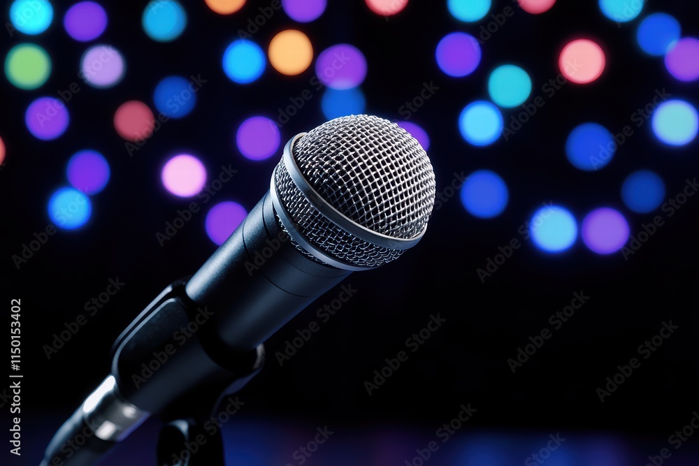 Obraz premium Close-Up of Microphone Against Colorful Blurred Background Lights