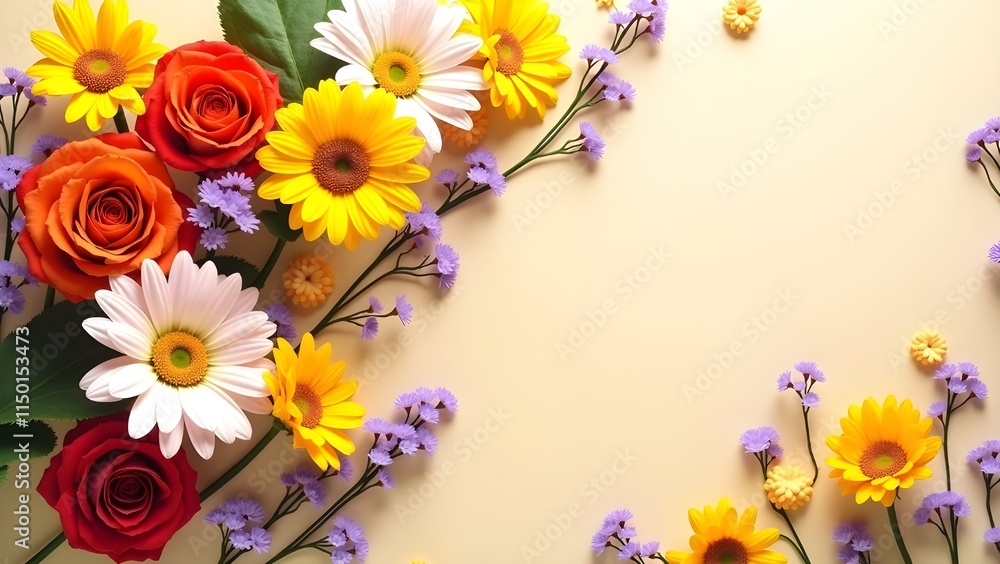 A flat lay of colorful flowers arranged in a spiral pattern against a pastel background A flat lay of colorful flowers arranged in a spiral pattern against a pastel background