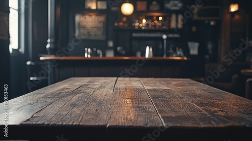 Rustic empty wooden table. Vintage pub interior. Dark wood counter. Restaurant space. Abstract bar scene photo