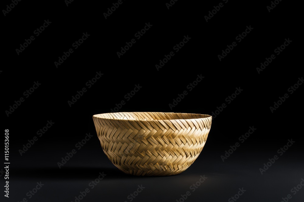 Obraz premium Handcrafted Woven Bamboo Bowl on Black Background for Minimalist Decor