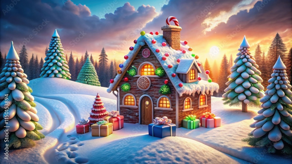A whimsical gingerbread house adorned with candy canes and twinkling lights stands nestled in a snowy forest, bathed in the warm glow of a setting sun. A whimsical gingerbread house adorned with candy canes and twinkling lights stands nestled in a snowy forest, bathed in the warm glow of a setting sun.