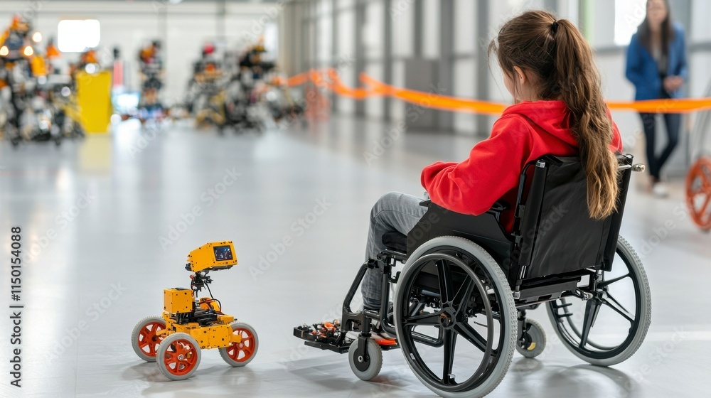 Young Girl in a Wheelchair Interacts with a Friendly Robot in a Technology Lab During a Hands-On Learning Experience in Robotics Innovation Young Girl in a Wheelchair Interacts with a Friendly Robot in a Technology Lab During a Hands-On Learning Experience in Robotics Innovation