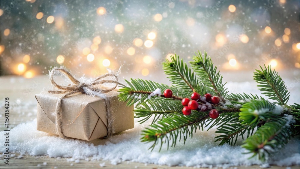 A rustic wrapped gift rests on a snowy surface next to a snow-dusted evergreen sprig with red berries, illuminated by a soft, warm glow. A rustic wrapped gift rests on a snowy surface next to a snow-dusted evergreen sprig with red berries, illuminated by a soft, warm glow.