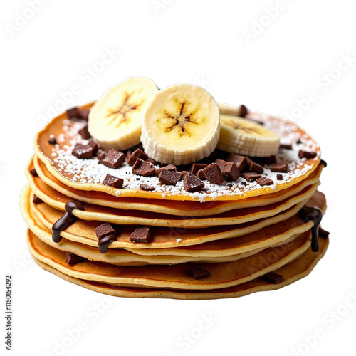 Chocolate chip pancakes with banana slices on top