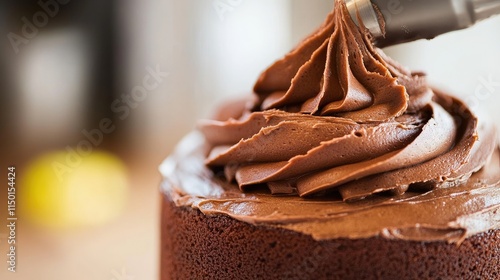 Close-Up View of Creamy Chocolate Frosting on a Freshly Baked Cake photo