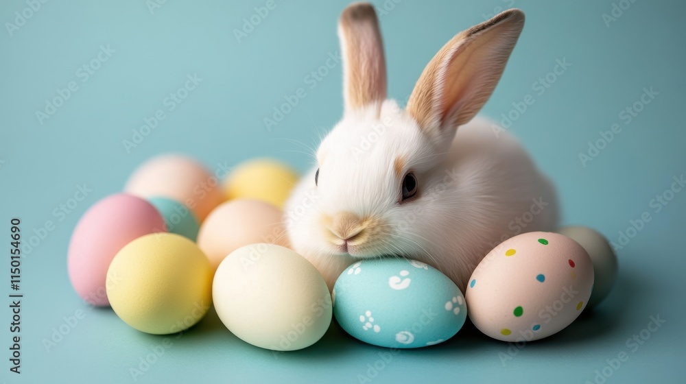 A pastel bunny nestled among a collection of colorful Easter eggs on a minimalist single-color surface, highlighting the festive spirit. A pastel bunny nestled among a collection of colorful Easter eggs on a minimalist single-color surface, highlighting the festive spirit.