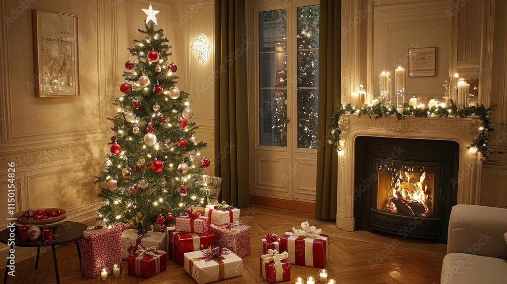 Cozy Christmas Eve at Home Fireplace, Christmas Tree, and Presents Cozy Christmas Eve at Home Fireplace, Christmas Tree, and Presents