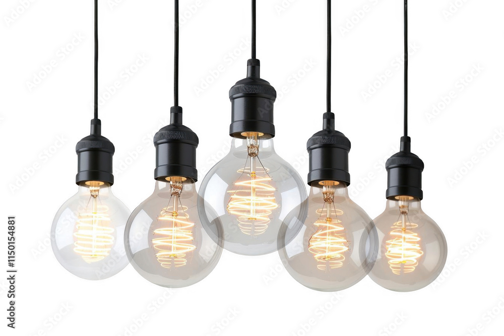 Five Light Bulbs Hanging with Black Cord Against a Dark Background, Modern Lighting Concept. Five Light Bulbs Hanging with Black Cord Against a Dark Background, Modern Lighting Concept.