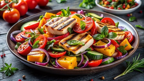 Panoramic Grilled Halloumi Salad with Roasted Vegetables - Healthy Mediterranean Food