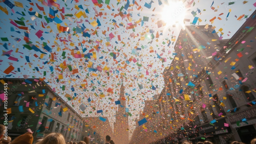 Fototapeta premium Colorful confetti showering over city street festival.