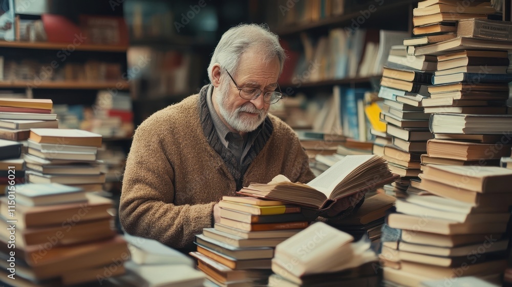 Elderly Gentleman Organizing Books at Library Symbol of Lifelong Learning Elderly Gentleman Organizing Books at Library Symbol of Lifelong Learning