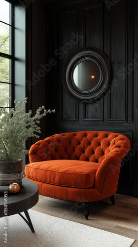 Scandinavian, farmhouse, country home interior design of modern living room. Round coffee table near sofa and aged retro orange shabby leather armchair against black barn board paneling wall.