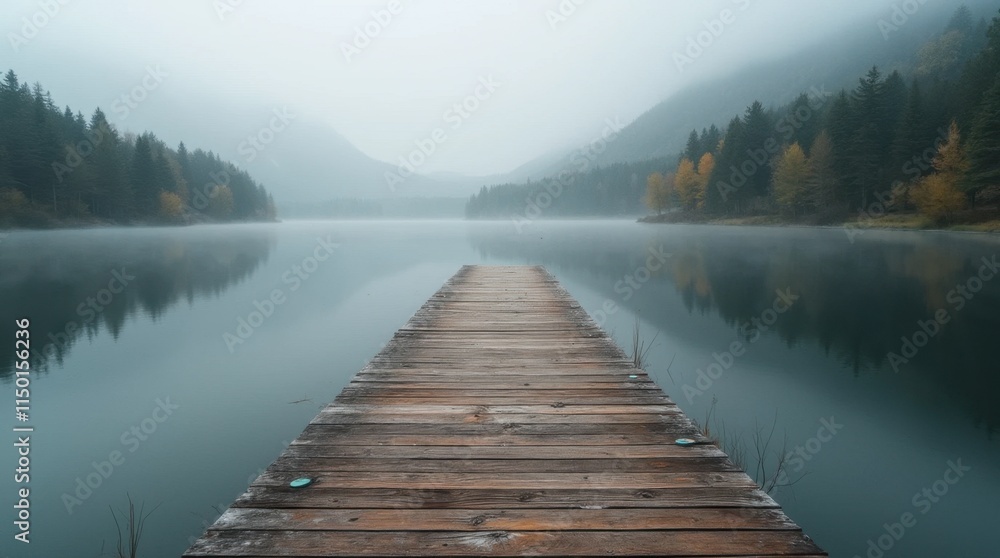 Fototapeta premium Rustic Wooden Dock Extending into Calm Lake