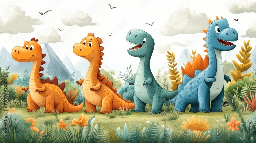Obraz premium Three friendly dinosaurs in a prehistoric landscape.