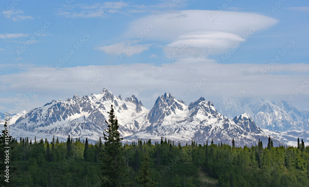 Obraz premium View of Mount Foraker and other mountains in the Alaska Range, Denali National Park, Alaska USA 