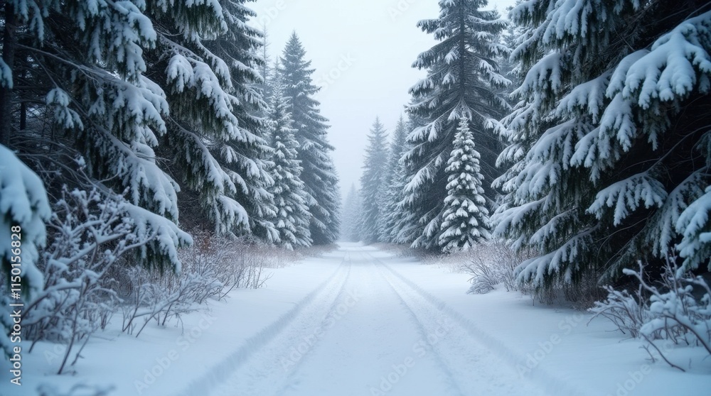 Fototapeta premium Snow-Covered Woodland Path with Towering Pines