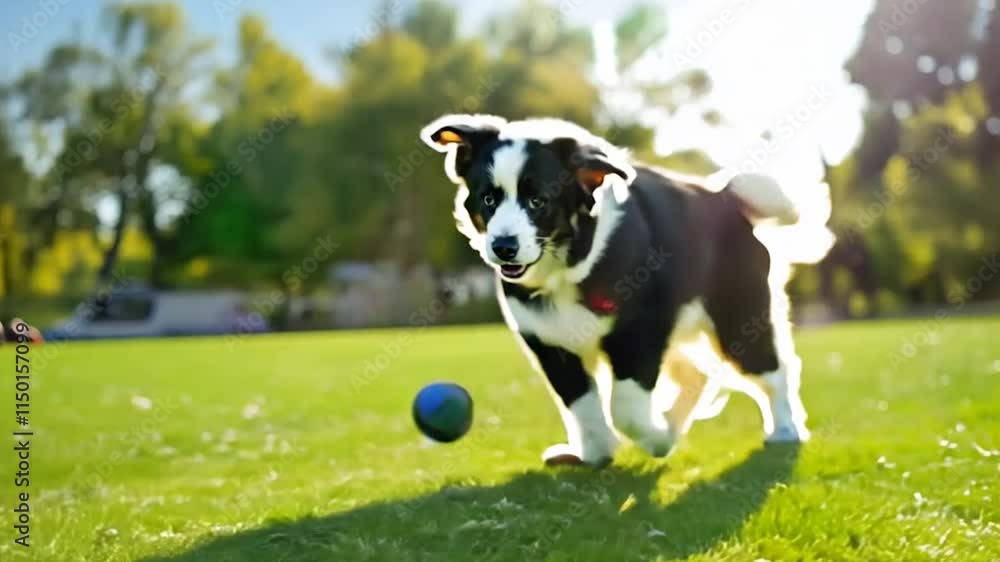 A playful black-and-white puppy joyfully running on lush green grass in a sunny park, with a ball nearby and soft golden light adding warmth to the scene A playful black-and-white puppy joyfully running on lush green grass in a sunny park, with a ball nearby and soft golden light adding warmth to the scene