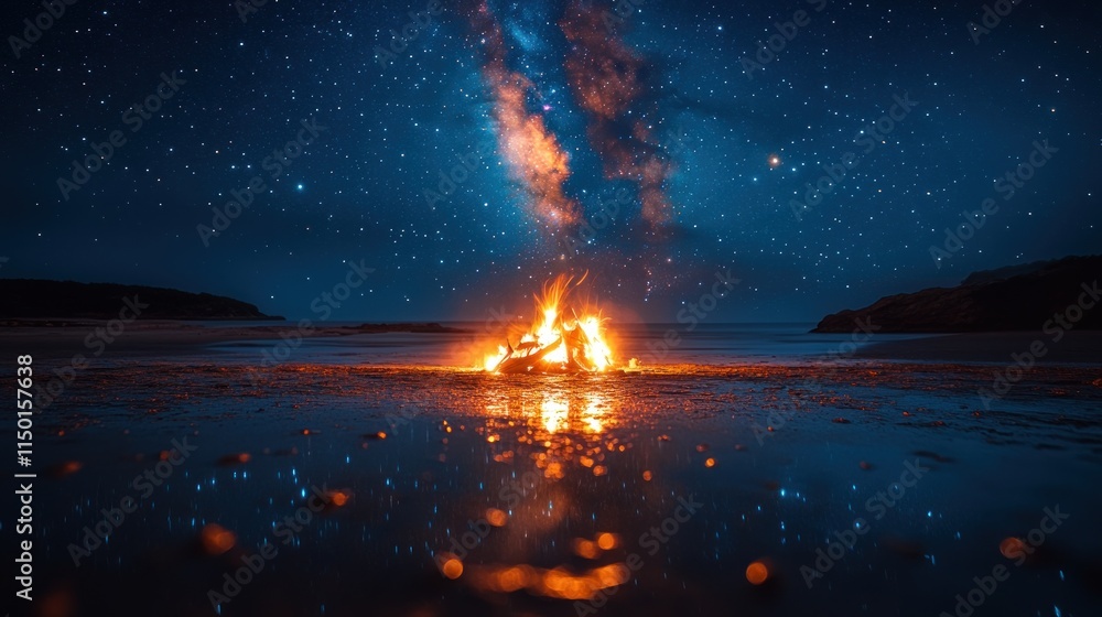 A serene beach scene featuring a campfire under a starry night sky. A serene beach scene featuring a campfire under a starry night sky.