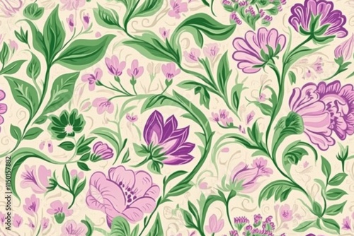 Wallpaper Mural A delicate floral design with detailed flowers and leaves in soft shades of green, and lavender Torontodigital.ca