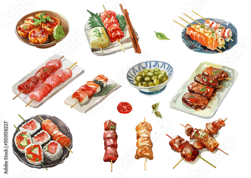 Yakitori Japanese Skewers Food Watercolor Illustration. isolated white background