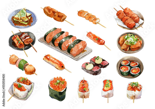 Japanese food skewers Yakitori Skewers Watercolor Illustration. isolated white background photo