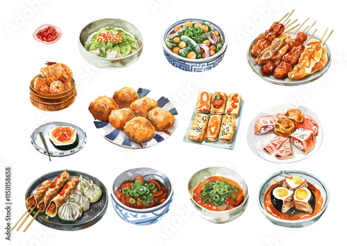 Asian Food Watercolor Illustration Collection. isolated white background