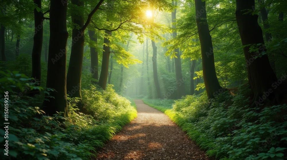 Obraz premium Sunlit Path Through a Dense Forest