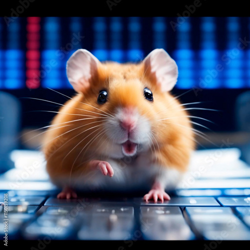financial hamster concept symbol,  red fluffy hamster sitting on the keyboard