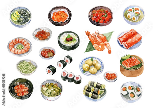 Asian Food Watercolor Illustration Collection. isolated white background
