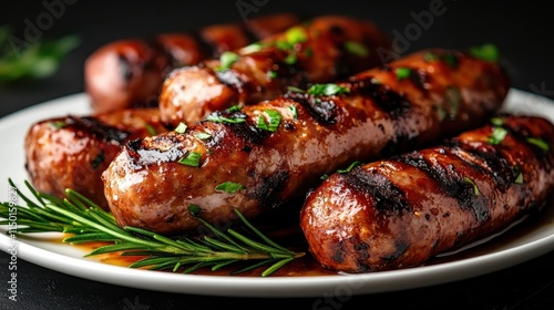 Rich, flavorful sausages grilled to perfection, garnished with a sprig of rosemary and herbs, embodying culinary excellence and satisfying taste sensations. photo