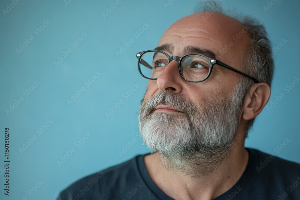Thoughtful Man with Glasses and Beard Against Blue Background Thoughtful Man with Glasses and Beard Against Blue Background
