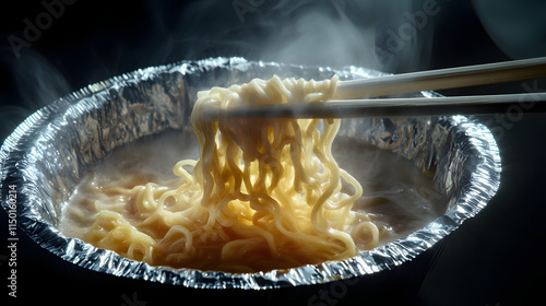 A close-up of an open round ramen package showing the dry noodles vegetable flakes and seasoning powder packet.