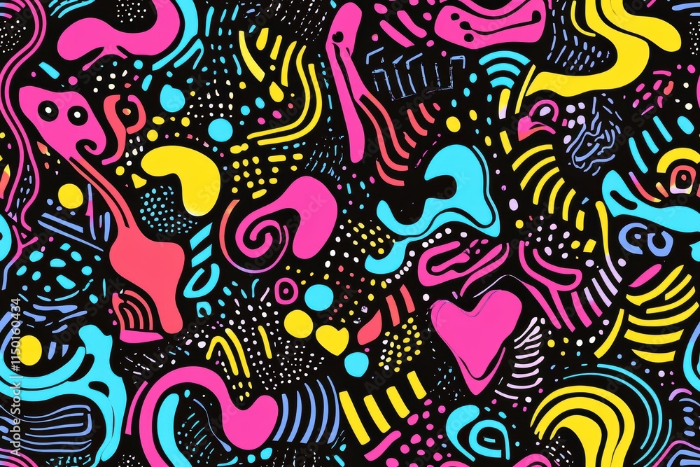 Fototapeta premium A vibrant pattern of colorful abstract shapes, neon squiggles, and playful dots evoking 