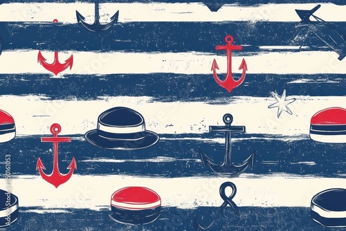 A nautical-themed seamless pattern with blue and white stripes, red anchors, and sailor hats photo