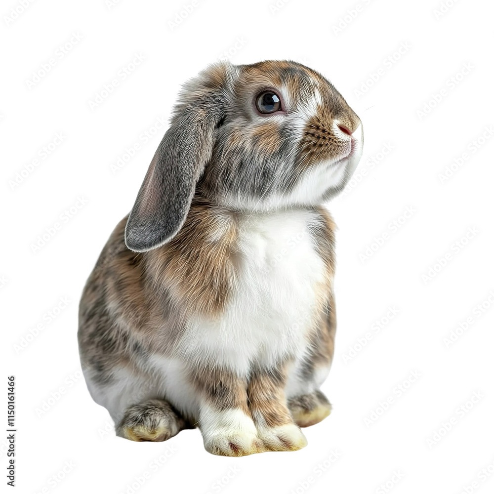 Angled view full body shot of extremely perfect looking single French Lop isolated on a white transparent background