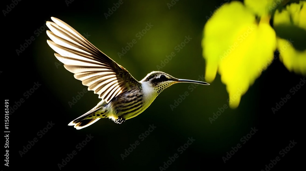 Fototapeta premium Hummingbird in flight near yellow leaves.