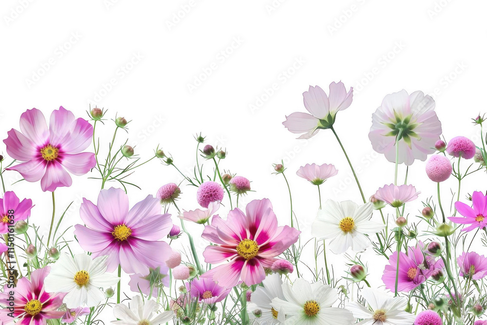 Cosmos Flowers Bloom Beautifully Against Black Backdrop. Floral Arrangement with Delicate Petals and Buds. Botanical Garden, Flower Garden with Pink and White Floral Bloom, and Summer Garden. Cosmos Flowers Bloom Beautifully Against Black Backdrop. Floral Arrangement with Delicate Petals and Buds. Botanical Garden, Flower Garden with Pink and White Floral Bloom, and Summer Garden.