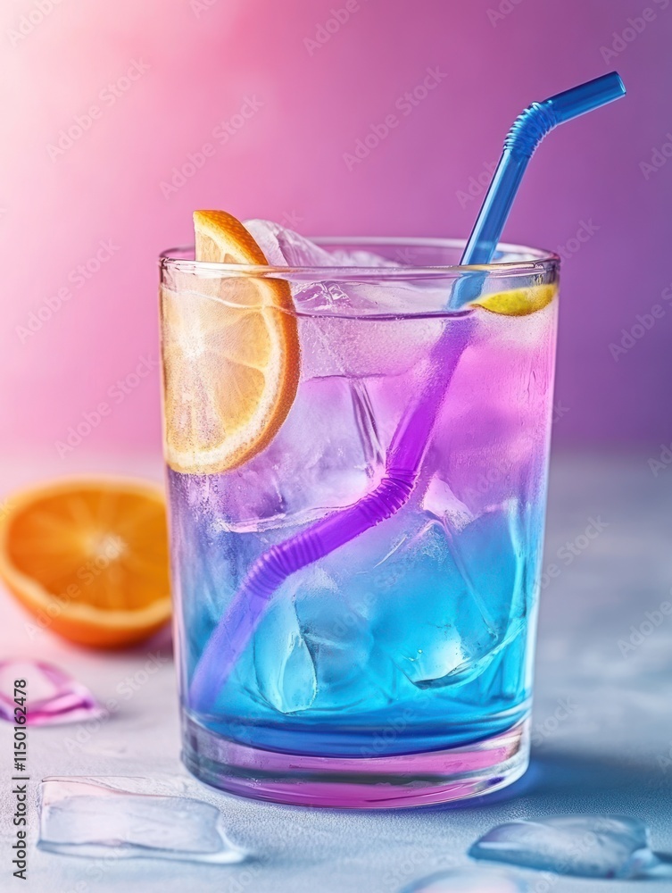 A vibrant cocktail with ice, garnished with lemon, in a colorful glass, set against a gradient background. A vibrant cocktail with ice, garnished with lemon, in a colorful glass, set against a gradient background.
