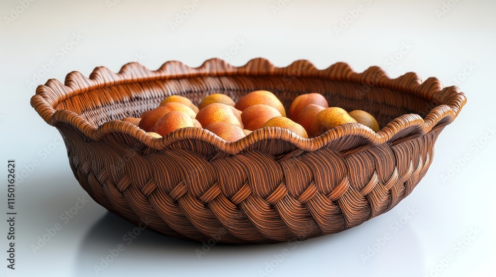 Brown wicker bowl filled with ripe peaches on white background. Brown wicker bowl filled with ripe peaches on white background.