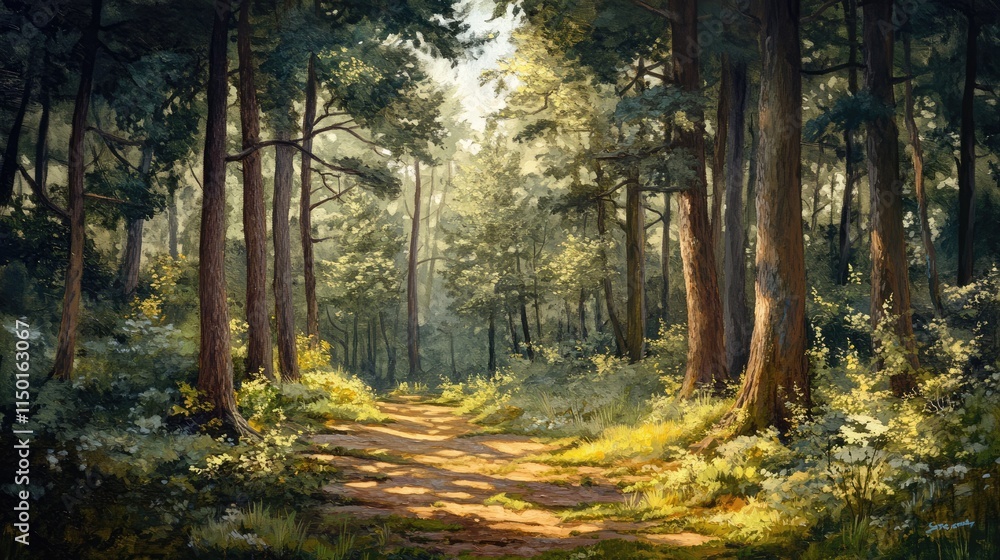 scenic painting of the woodland landscape, a picturesque forest environment in natural colours scenic painting of the woodland landscape, a picturesque forest environment in natural colours