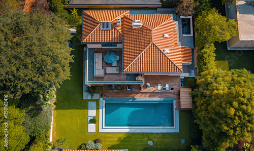 Modern large private house with swimming pool view from above. Cottage. Concept of rent and sale of real estate.