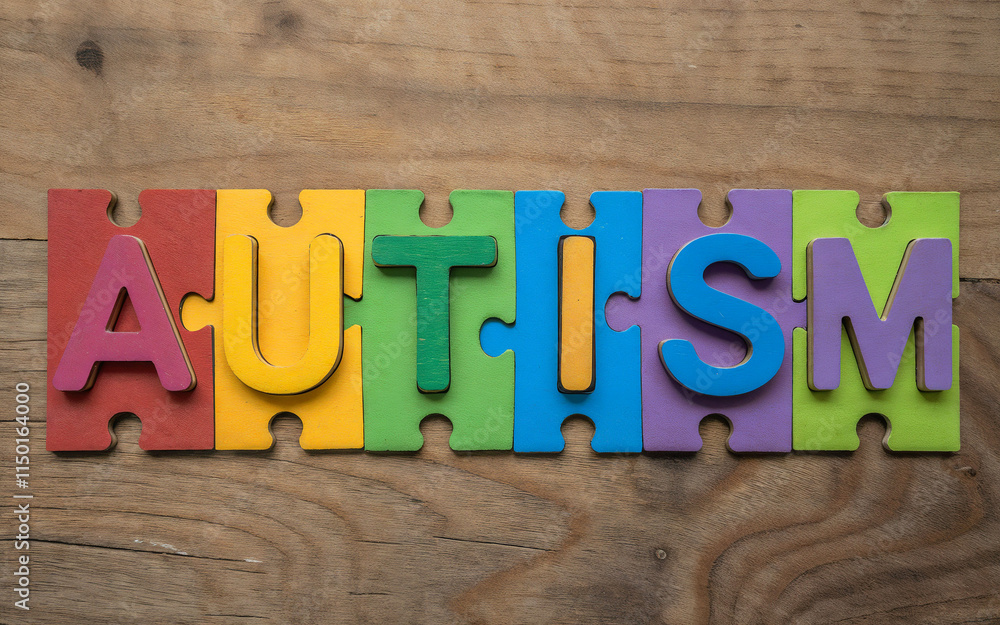 Fototapeta premium Autism word created with colorful puzzles on a wooden background. Awareness day concept. 