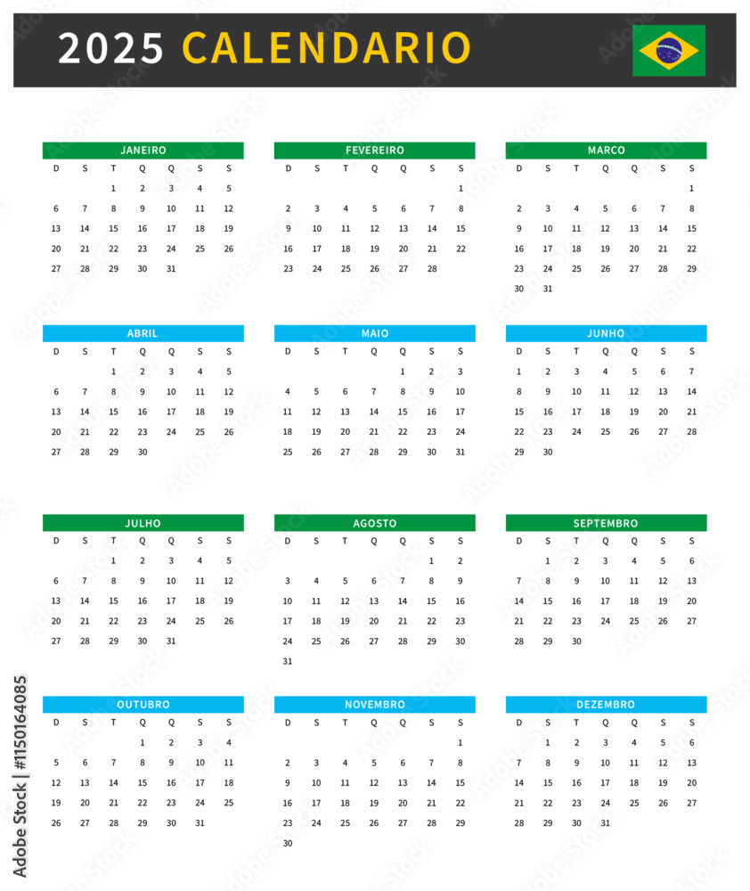 Calendar 2025 Brazil Template Design. Brazilian Calendario, week starts from Sunday. Vector Illustration Calendar 2025 Brazil Template Design. Brazilian Calendario, week starts from Sunday. Vector Illustration