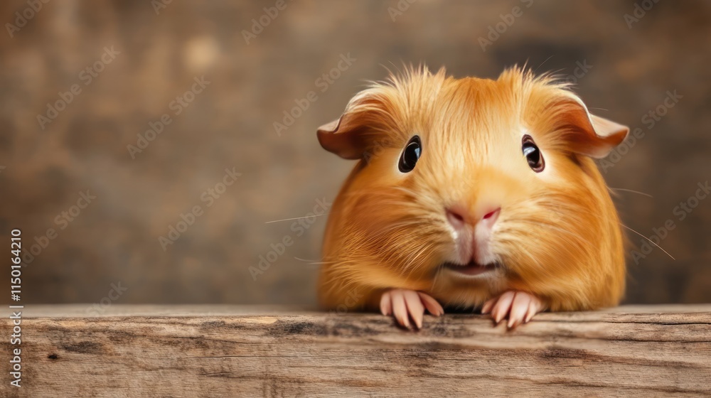 A cute, fluffy guinea pig with expressive eyes peeks over a wooden surface. A cute, fluffy guinea pig with expressive eyes peeks over a wooden surface.