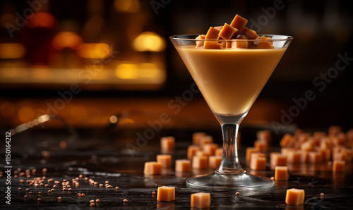 Caramel cocktail on dark marble background. Sweet and salty caramel cocktail, with toffee candies. Salted caramel creamy martini drink.