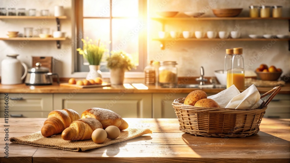 Warm sunlight illuminates a rustic kitchen table, showcasing freshly baked croissants and bread rolls in a wicker basket Warm sunlight illuminates a rustic kitchen table, showcasing freshly baked croissants and bread rolls in a wicker basket