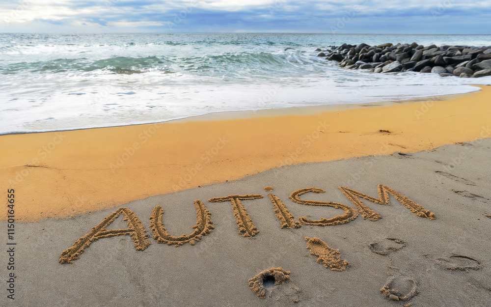 Fototapeta premium Autism word written on beach sand with child footprints. Awareness day concept.